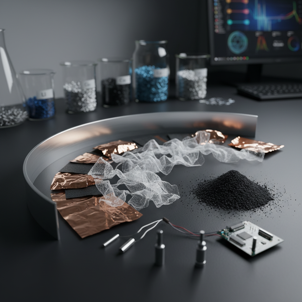 A close-up, photographic view of a disassembled lithium-ion battery laid out on a dark, matte laboratory workbench, each component—metal casing, copper foils, separator films, and black cathode powder—carefully arranged in a semicircle. Fine textures of the materials are clearly visible, from brushed metal to granular active material. Soft, diffused overhead lighting from a lab fixture creates minimal glare and precise shadows, emphasizing detail and clarity. In the softly blurred background, labeled glass jars of recovered metals and a clean computer monitor hint at data analysis. Shot from a slightly elevated angle with shallow depth of field, the mood is analytical, precise, and professional, highlighting the science behind sustainable battery recycling.