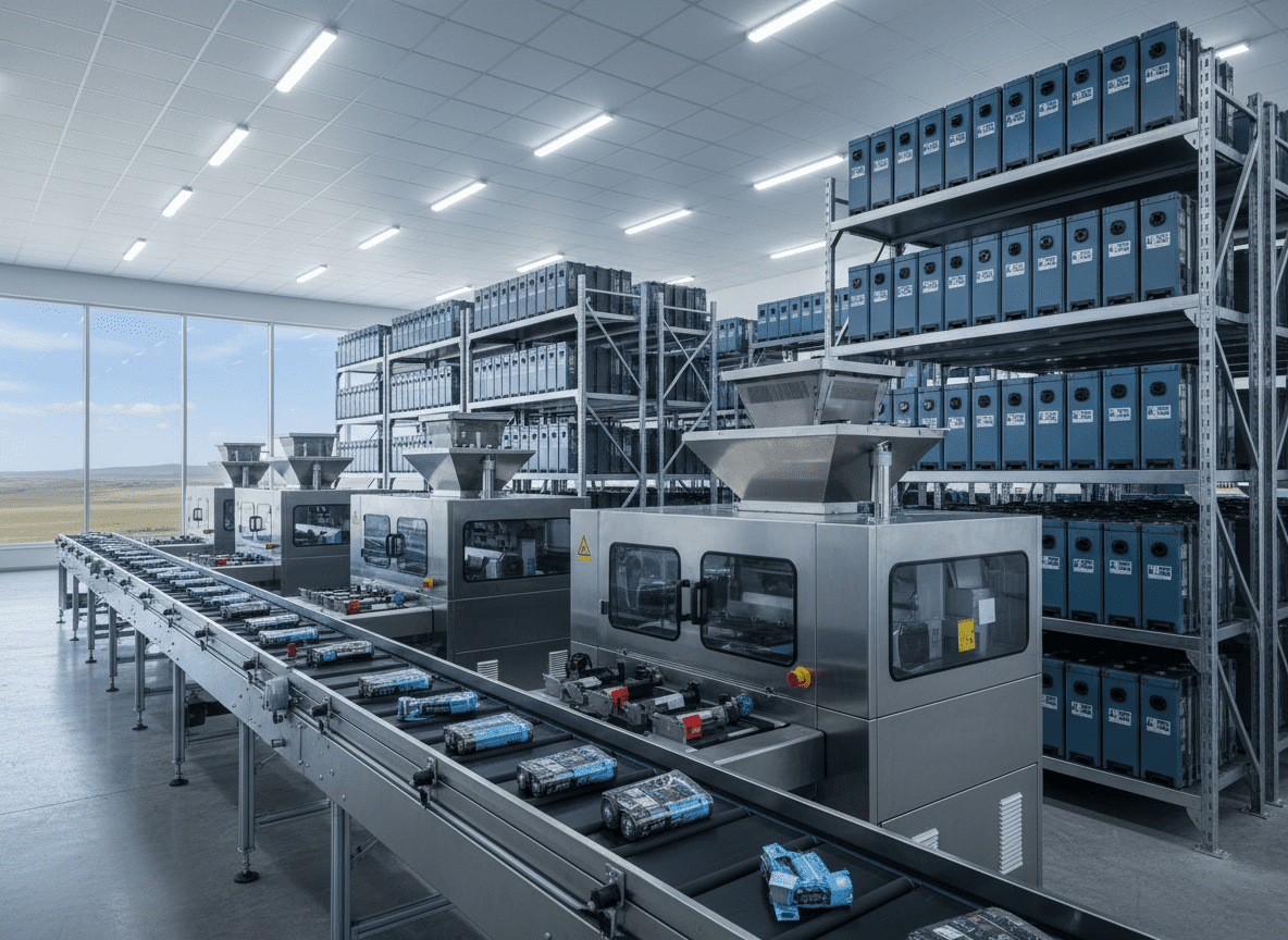 A high-tech battery recycling facility interior, featuring organized rows of modular battery packs in muted blues and grays stacked in industrial metal racks. In the foreground, a conveyor system guides used lithium-ion batteries toward sleek, stainless-steel sorting and shredding machines. Overhead LED lighting casts clean, even illumination, creating subtle reflections on polished metal surfaces and soft shadows on the concrete floor. Large windows along one wall reveal a hint of the Mongolian steppe under a clear sky. Photographic realism with a professional, clean, and modern aesthetic, captured at eye level with sharp focus throughout. The mood is efficient, optimistic, and focused on technological innovation for a sustainable future.