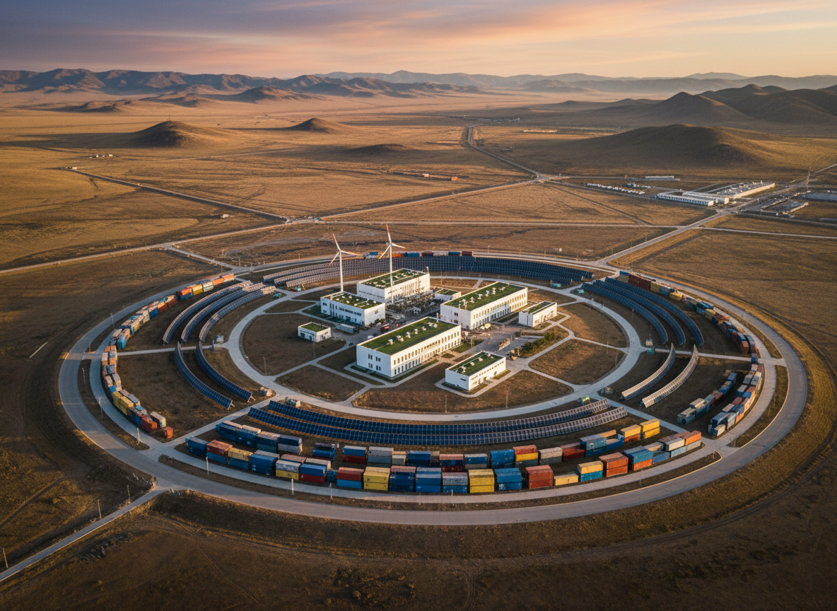 An expansive aerial, photographic view of a circular industrial ecosystem on the outskirts of a Mongolian city, featuring a compact battery recycling plant, adjacent solar panel arrays, and neatly organized storage containers for recovered materials. The plant’s buildings are clean-lined with white and light gray facades, accented by green roofs and small wind turbines. Late afternoon sunlight bathes the scene in a warm, golden tone, casting long, soft shadows that emphasize the circular layout of roads and pathways. In the distance, rolling steppe and low mountains provide a natural backdrop. The composition uses wide-angle cinematic framing with sharp focus, conveying a balanced, visionary atmosphere of circular resource systems integrated into the landscape.