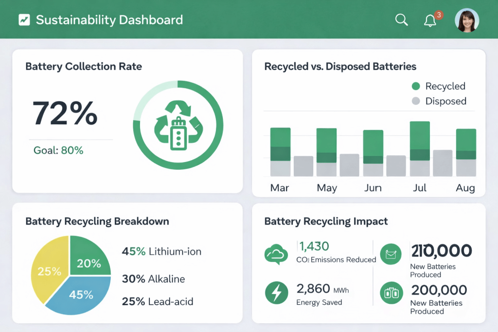 Dashboard showing battery collection rate, recycled versus disposed batteries bar chart, battery recycling breakdown pie chart, and battery recycling impact statistics.