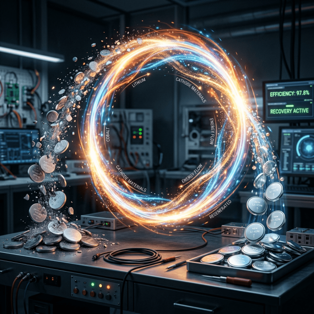 Circular energy flow showing recycling of lithium-ion battery materials in a laboratory setup