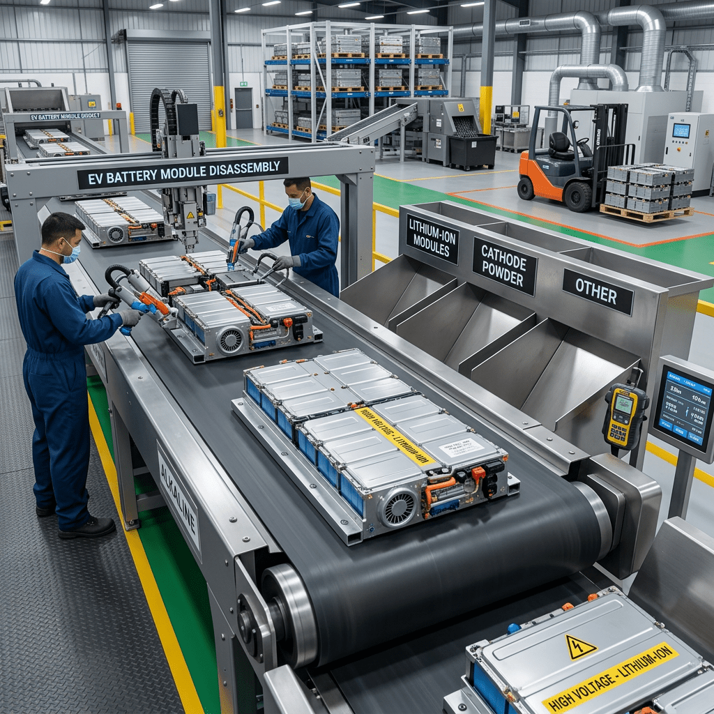Workers in masks sorting batteries on a conveyor belt labeled alkaline, lithium, NICD/NIMH, other