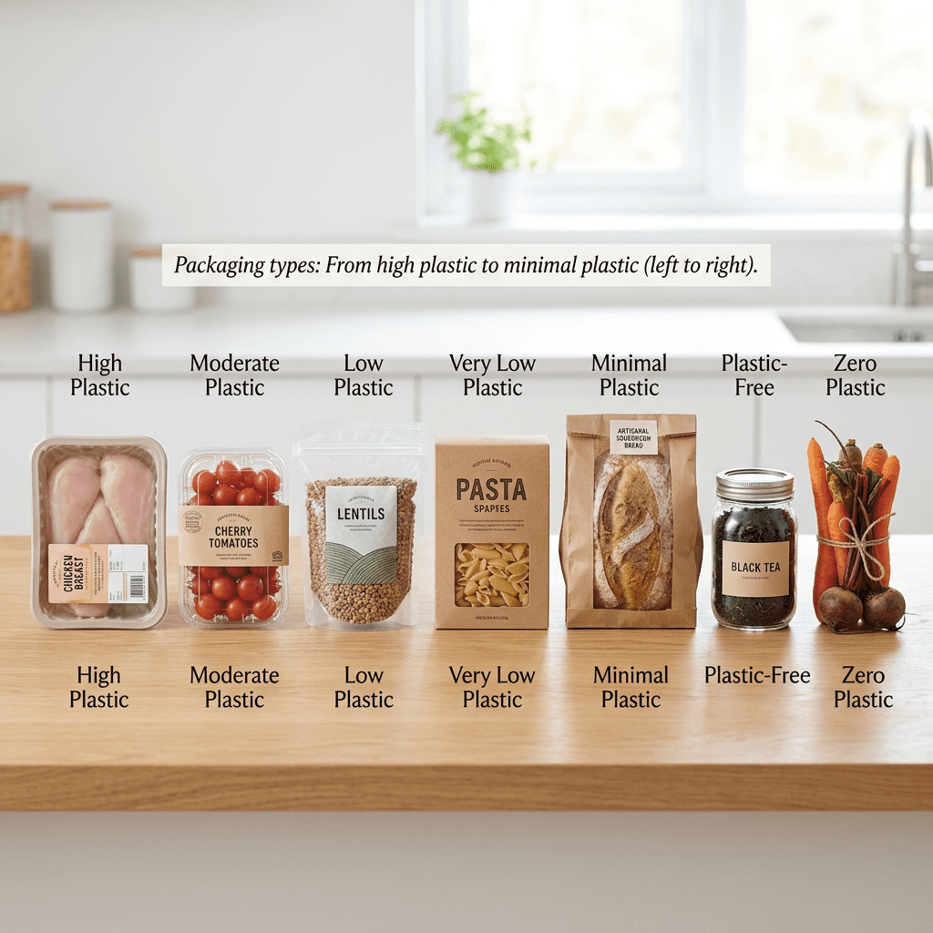 Various food packages from high to zero plastic including chicken, tomatoes, lentils, pasta, bread, tea jar, and fresh vegetables