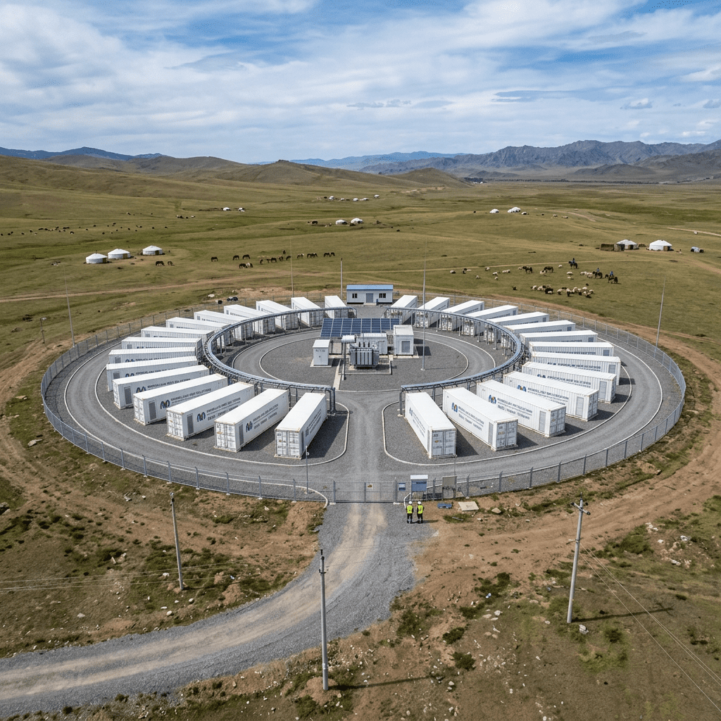 Circular facility with solar panels and energy storage containers in open grassland