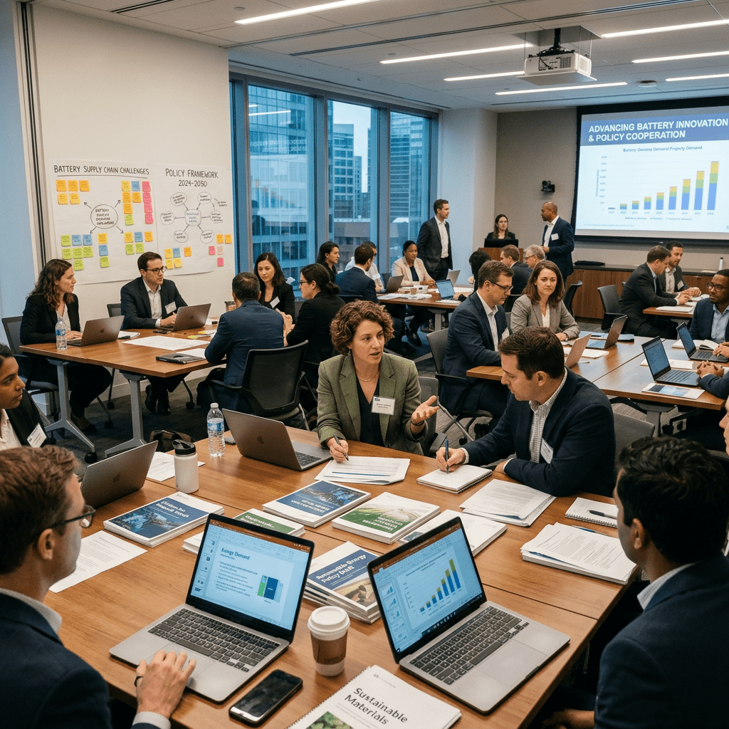 Group of professionals in a modern conference room discussing battery innovation and policy with laptops and documents